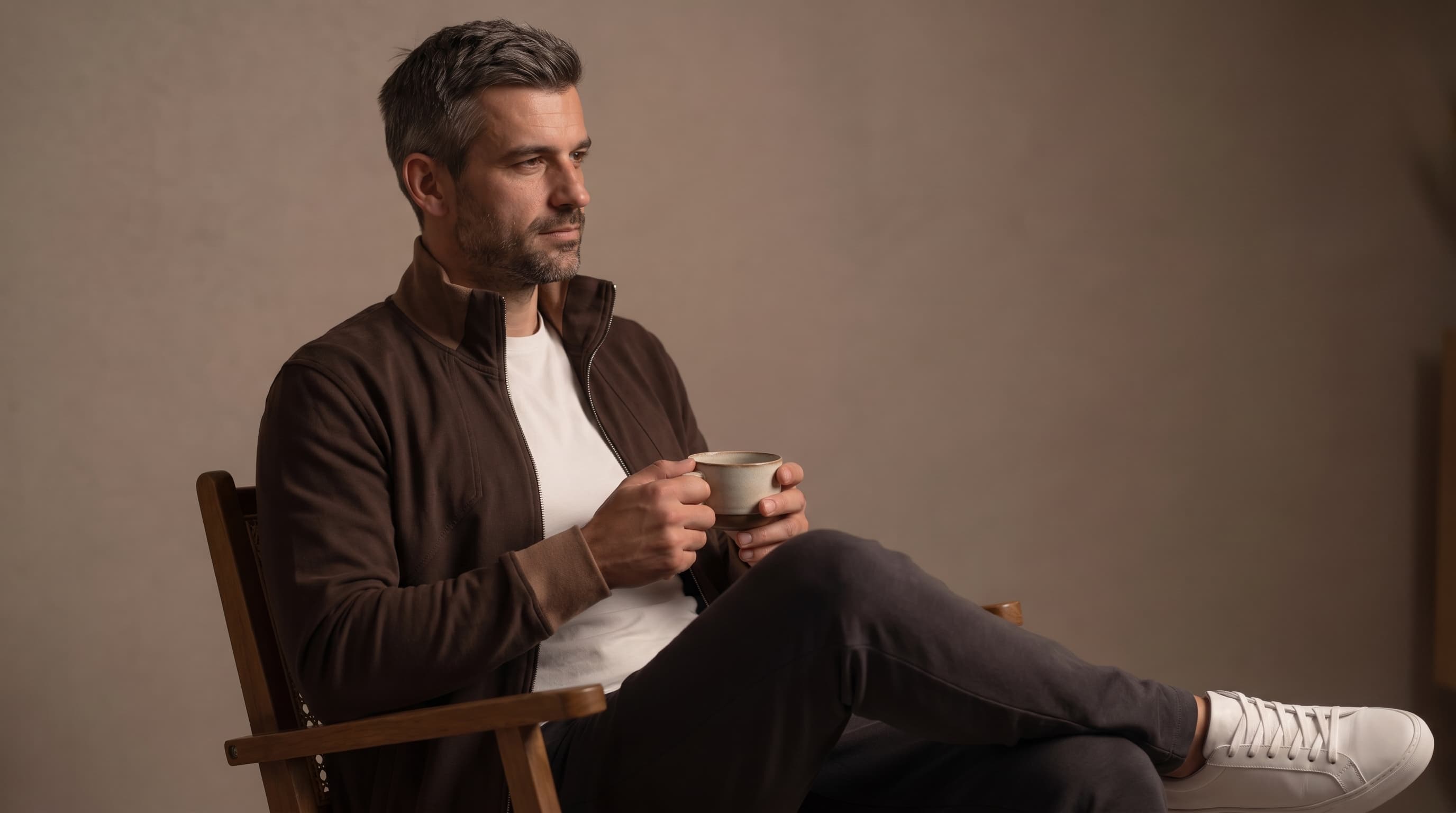 Зрелый мужчина в коричневом джемпере с молнией — спокойная уверенность, осознанный выбор одежды